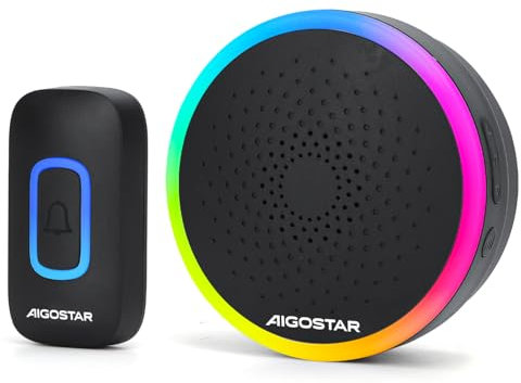 Aigostar funkklingel mit RGB Licht, türklingel funk IP55 Wasserdicht Außen Haustürklingel Set, 5 Lautstärkestufen, 60 Melodien, 150m Reichweite, 1 Klingeltaster & 1 Empfänger, Schwarz