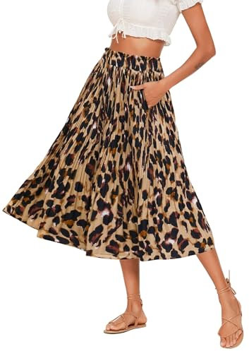 Hotouch Midi Leo Rock Damen Elastische Taille Chiffon Rock Sommer Elegant Swing Faltenrock Leoparden Maxirock mit Taschen Größe XL