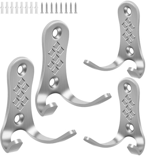 TOKPLNU Coat Hooks for Wall, 4 Pack Wall Mounted Door Hooks with Screw, Stainless Steel Double Robe Hook for Hanging Coat Towel Hat Bag Key, for Bathroom Door Kitchen,Brushed Silver