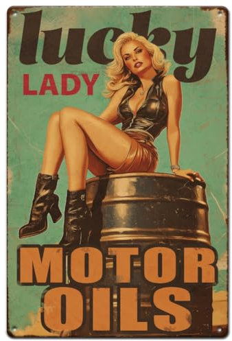 Hobbspring 1 Stück Vintage Metallblechschild 20x30cm Retro Schild Lucky Lady Rostige Optik Motoröl Gasservice Garagen Poster Für Zuhause Büro Küche Bar Café Garten Wanddekoration