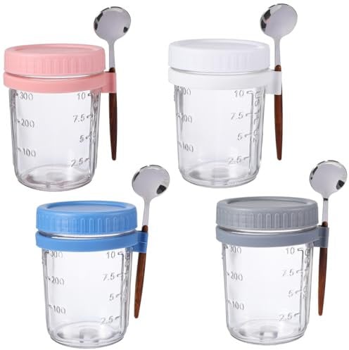 VERDANVERSE 4pezzi Barattoli di Colorati Coperchi e Cucchiai di Contenitori Ermetici per Overnight Oats e Yogurt per Cucina e Picnic