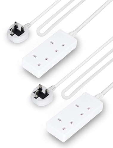 GEEPAS 2 Gang Extension Lead, 1M Cable | 2-Way Plug Extension Cable, 13 A | Wall Mountable & Multi Socket Mains Strip for Home Bedroom Office | Heavy Duty UK Plug | White, Pack of 2