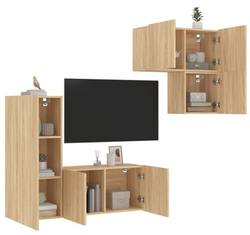 Qnhdfrt TV Schrank Set Sonoma-Eiche Holzwerkstoff - Moderner Wandschrank für Wohnzimmer mit viel Stauraum, 4-TLG. Wohnwand für TV, Bücher & Deko