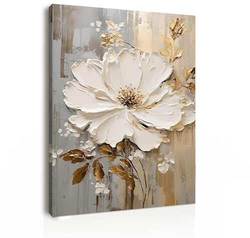 Galmcook Canvas Wall Art 12x16 Inch Framed Single White Flower Painting Modern Wall Decoration for Living Room Bedroom Hallway and Stairs Artwork Wall Pictures with Hooks and Magic Tape