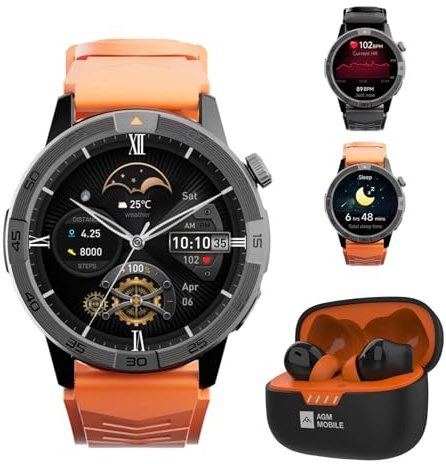 AGM Legion Pro mit Kopfhörer,Militär Uhr Herren mit Offline-Karten, Robuste Outdoor Sportuhr 5ATM Wasserdicht, GPS, Fitnessuhr, Smartwatch für Android iOS, 2 Armbändera