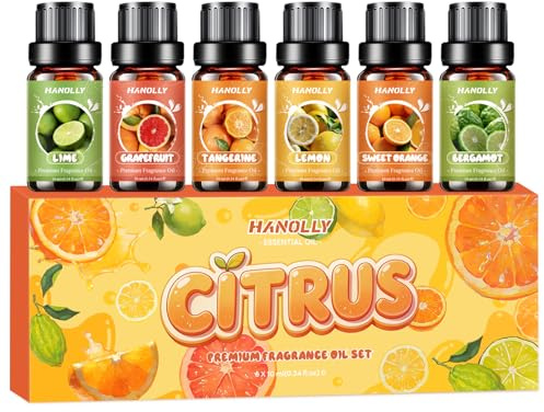 HANOLLY Oli Essenziali per Diffusori Agrumi 6x10ml | Olio Essenziale Naturali per Aromaterapia Massaggio Candele Fai da Te Profumo casa, Naranja Dulce, Limón, Lima, Mandarino