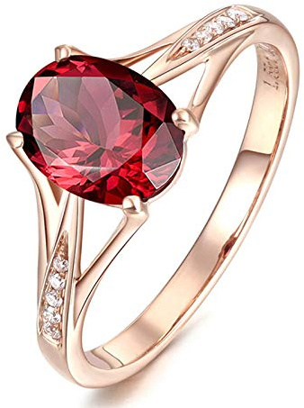 RDSGYZ Trauringe Gold 585, Eheringe Damen Einzeln mit Oval Granat 1.55ct und Diamant 0.04ct Verlobungsringe Memoir Hochzeit Ring Gr.51 (16.2)