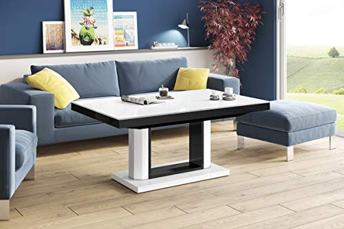 Design Couchtisch Tisch H-120 Weiß/Schwarz Hochglanz stufenlos höhenverstellbar ausziehbar Esstisch