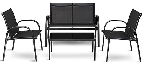 COSTWAY Set da Giardino con 4 Pezzi, Set da Giardino per Chiacchierare, Sedie da Giardino con Tavolino in Vetro, con Struttura Resistente in Ferro, Tessuto a Rete Traspirante (Nero)