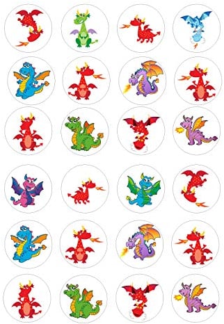24 Dragons edible kids childrens party decorations Iced Cake Toppers Icing Cupcake Topper Fairy Cake Bun Frosting Round