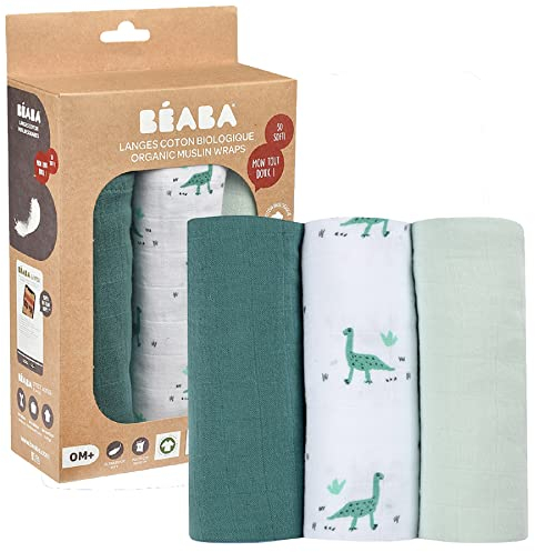 BÉABA, Pack de 3 muselinas para bebé, Muselina de algodón orgánico, Multiusos: arrullo, babero, manta, trapito, Ultrasuaves, Transpirables, Grandes, 70 x 70, Ecológicas y seguras, Motivo Jurásico
