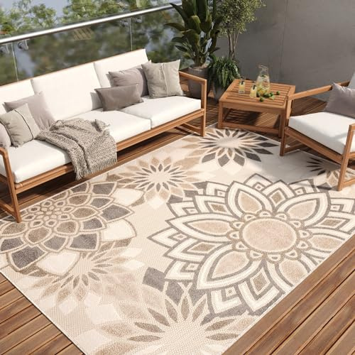 TAPISO Patio Teppich Outdoor Indoor Creme Beige Braun Blumen 160 x 220 cm | strapazierfähiger Teppich UV-beständig Flachgewebe Sisaloptik Robust Wetterfest Terrasse Wintergarten Balkon OEKO-TEX