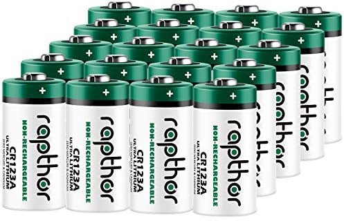 Rapthor 1650mAh CR123A 3V Lithium Battery CR123 123A CR17345 High Power Lithium Batteries with Built-in PTC for Flashlight Cameras Toys Alarm System Microphones (20Pack)