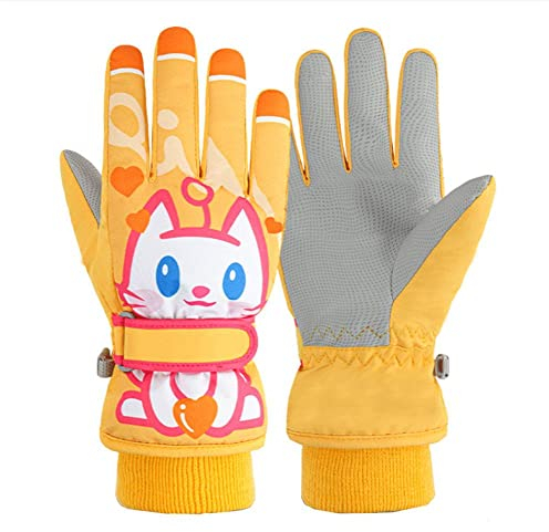 GIVBRO Winter-Skihandschuhe mit Katzen-Motiv, bedruckt, Outdoor-Sporthandschuh, Schnee-Fäustlinge für Radfahren, Laufen, Wandern, Zubehör, Gelb, XS