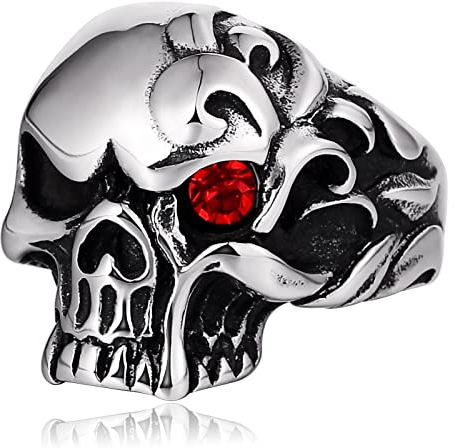 Gualiy Edelstahl Ring Männer, Herrenring Siegelring, Vintage Totenkopf mit rotem Zirkonia Vertrauensringaus Edelstahl Rot Ringgröße 62 (19.7)