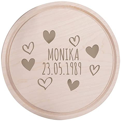 Deitert Frühstücksbrettchen mit Name, Datum oder Wunschtext graviert - Geschenk für Valentinstag, Hochzeit, Geburtstag für Frauen/Männer - Holz Rund, 24 cm Ø,Herzrahmen Gravur