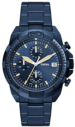 Fossil Bronson uhr für Herren, Chronographenwerk mit Leder- oder Edelstahlarmband, Blau, 44MM
