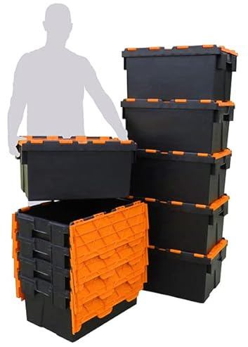 Plastor Pack of 10 - Plastic 55 Litre Heavy Duty Storage Box Tote Crates (60 x 40 x 30.6cm) Black with Orange Attached Hinged Lids