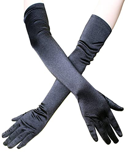 COSFAN Damen lange Handschuhe,Klassische Oper Satin Handschuh,Elastische Braut Handschuhe,1920er Jahre Stil Handschuhe für Frauen Festliche Party Hochzeit Halloween (Schwarz)
