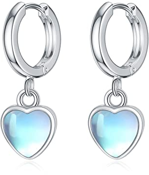 Mondstein Ohrringe Creolen 925 Sterling Silber Mondtein Creolen mit Anhänger Herz Ohrringe Klein Creolen Ohrhänger Mondstein Schmuck Geschenk für Frauen