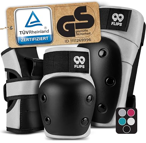 99FLIPS Protecciones Patines Adulto y Jóvenes - Protecciones Skate Adulto Set con Rodilleras y Coderas - como Equipo de Protección Skateboard - rodilleras patines - DIVE Talla L Gris
