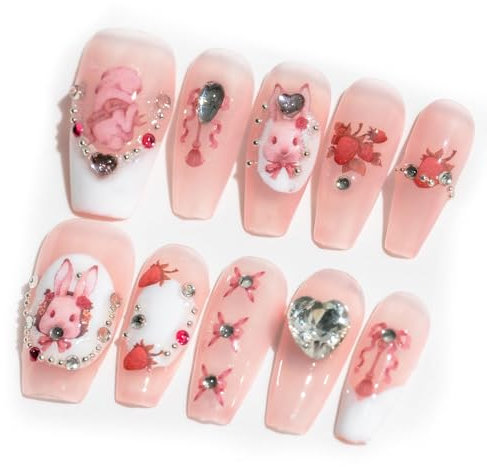 Sun&Beam Nails Handgefertigte Kunstnägel Mittel Lang Sargform Ballerina Nägel zum Aufkleben in Rosa Weiß Französische Cartoon Süß Design mit Klebepads 10 Stück (#072 M)