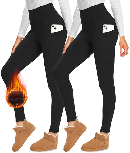 Missluck 2er Pack Thermo Leggings mit Taschen Damen im Winter, High Waist Gefüttert Thermoleggins für Sport(Schwarz/Schwarz,S/M)