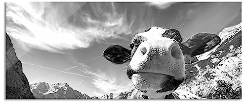 Pixxprint Glasbild Panorama, Wandbild aus Echtglas, Kuh im Karwendelgebirge Kunst B&W, 100x40 cm, inkl. Aufhängung und Abstandshalter