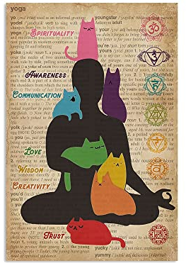 Schild mit Aufschrift Yoga Cat 7 Chakras Knowledgees, 30,5 x 20,3 cm, Vintage-Poster, Wanddekoration, Kunst, Geschenk, Retro-Bild, Metallschild