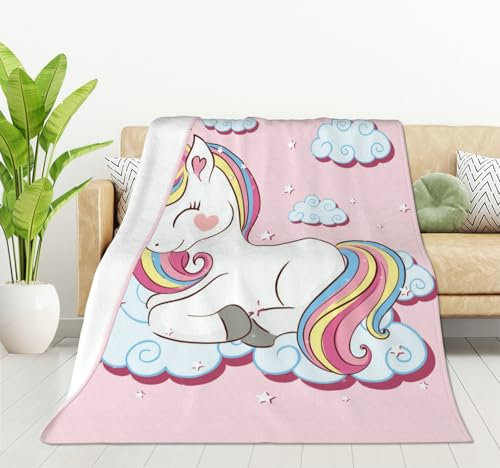 HGOD DESIGNS Einhorn-Decke, glatt, weich, Tier, Regenbogenhaar, Wolke, Sterne, Druck, Überwurfdecke für Sofa, Stuhl, Bett, Büro, 100 x 130 cm