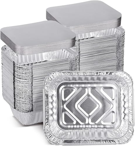 Pack of 100 Aluminium Tin Foil Food Trays with Lids Silver Takeout Container Pans 145 x 120 x 45 mm Takeaway, Sides, Events, BBQ, Parties
