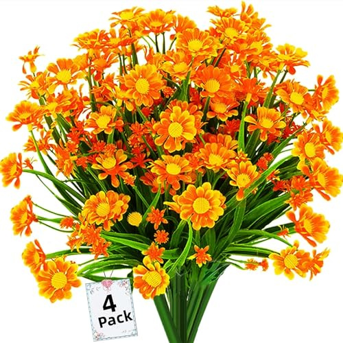 4Pcs Artificial Daisy Flowers, UV Resistant, Indoor Outdoor Decor, Orange | No fade fake floral plants for indoor,outdoor,garden,porch,cemetery,grave,wedding and home.UV Resistant Faux Shrubs,Orange