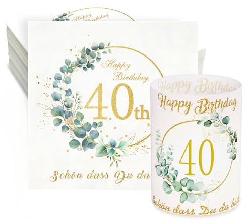 32 Eukalyptus Servietten 40. Geburtstag+8 Windlicht Tischdeko 40 Geburtstag Schön DASS Du Da Bist Deko 40. Geburtstag Frauen Manner Geburtstag Windlichter Servietten Happy Birthday Tischdeko