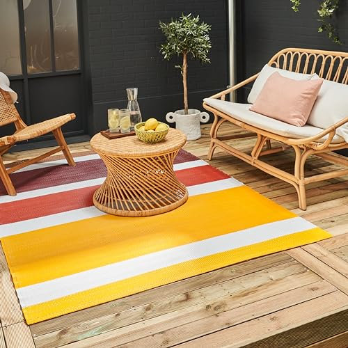 THE RUGS Rainbow Collection Outdoor Rug - Easy to Clean, Waterproof Plastic Outdoor Rugs for Garden, Patio, Balcony, Camping - Vibrant Plastic Straw Rug - Striped Yellow/Brown, 120x160
