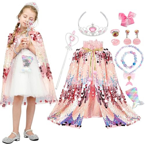 Sincere Party 10pcs Mermaid Sequins Pink Princess Cape with Bag,Jewelries Great Gift for Little Girls 3-8years