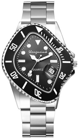 OIDEA Unregelmäßige Quarzuhr für Herren: Armbanduhr Kalender mit Vergrößerungsglas Armband Stahl - Geschenk für Herren Damen Weihnachten, Schwarz