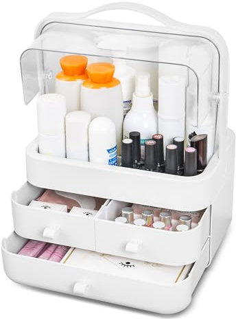 ASAB Cosmetic Storage Box with Lid Makeup Storage Organiser Box Waterproof and Dustproof Portable Handle Large Makeup Display with 3 Drawers Fully Open Clear Lid for Dressing Table Bathroom Bedroom