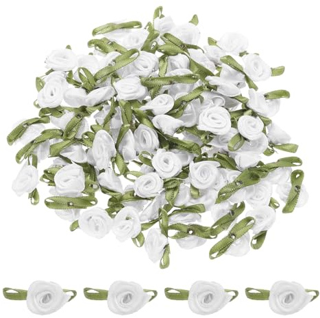 sourcing map 100pcs White Ribbon Roses 5/8 x1-3/16 Mini Roses for Crafts Little Satin Bows Roses Artificial Flowers