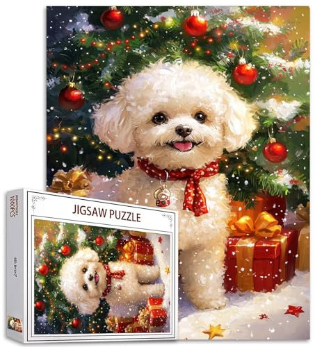 Weihnachten Bichon Frise Jigsaw Puzzle 1000 Teile Puzzles für Erwachsene Xmas Puppy Art Jigsaw Puzzles für herausfordernde Familie Aktivität Spiele bunte DIY Handarbeit Puzzle für Home Decor Geschenke