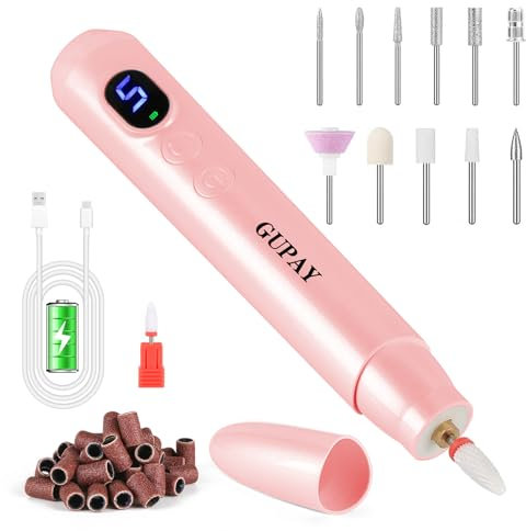 GUPAY Nagelfräser für Gelnägel, Elektrische Nagelfeilen Fräser für Gelnägel und Acrylnäge, Kabellos Tragbar Nail File mit 5 Geschwindigkeit, Maniküre Pediküre Set für Nagelhaut Shellac Acrylgel (Rosa)
