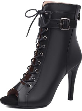 VCIXXVCE Stivali da Ballo Latino Nero Americano Donna con Punta Aperta Lacci Stivaletti da Ballo Jazz Salsa Bachata con Tacco Alto, 37 EU