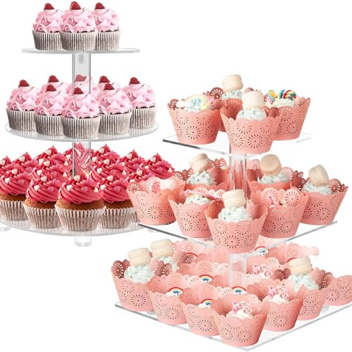 GBACHOOSE 2 Pack Cup Cake Stand, 3 Tier Acrylic Cake Stands, Large Cupcake Stand, Cake Holder Dessert Tower for Birthday, Wedding, Graduation, Anniversary, Party (Square+Round)