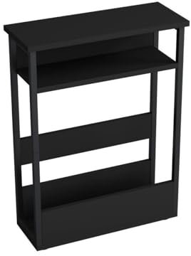 URBNLIVING Modern 3-Tier Slim Coffee Side Black Table with Storage, Newspaper Magazine Shelf Rack, Skinny Compact Nightstand, Space-Saving Bedside Sofa End Desk for Small Spaces