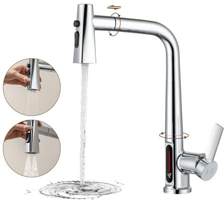LakeBayMZC Rubinetto Lavello Cucina Con LED Della Temperatura,Con Doccetta Estraibile a 3 Modalità,Miscelatore Cucina Estraibile,Rubinetti Monocomando Cucina,Girevole a 360°,Cromo