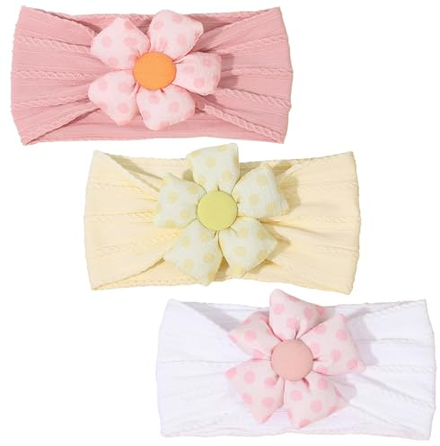 3 Stück Baby Blumen-Stirnband, Nylon-Baby-Stirnbänder, weiche Haarbänder, Zubehör für Neugeborene, Kleinkinder (Yellow Pink White)