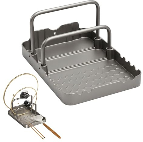 BDKMMS Pot Lid Holder, Metal Cooking Spoon Rest with Lid Holder Double-Layer Pot Lid Organizer Rack for Kitchen Ladles, Tongs, Spatula, Lids