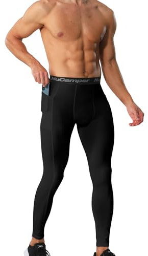 NuCamper Kompressionshose Herren mit Taschen, Laufhose Herren Lang, Tight Atmungsaktiv Baselayer Leggings, Quick Dry Kompression Hose für Fitness Funktionsunterhose Athletisches Training