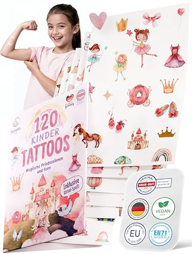 Lunablu 120 Hautfreundliche Kinder Tattoos [Dermatologisch Zertifiziert] MADE IN GERMANY | Geschenk für Kinder | Kindertattoos für Jungen und Mädchen | Tattoo - Prinzessinnen & Feen