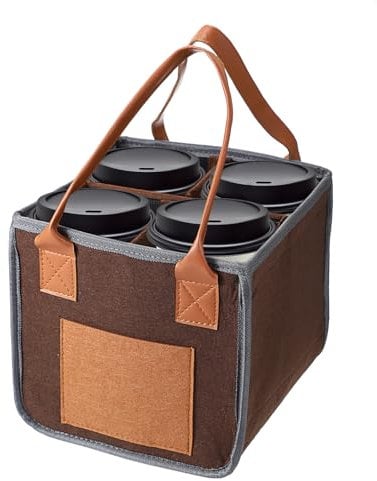 OGANAZI 4-Cup Drink Carrier with Handle Cup Holder Bag for Hot or Cold Drinks Insulated Drink Cups Caddy Portable Coffee Carrier for Travel and Delivery Reusable Drink Holder with Detachable Dividers