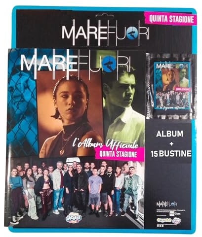 Album figurine Mare Fuori quinta stagione - Nuova collezione 2025 + 15 bustine da 5 figurine + omaggio portachiave fischietto e pailettes, penna multicolore